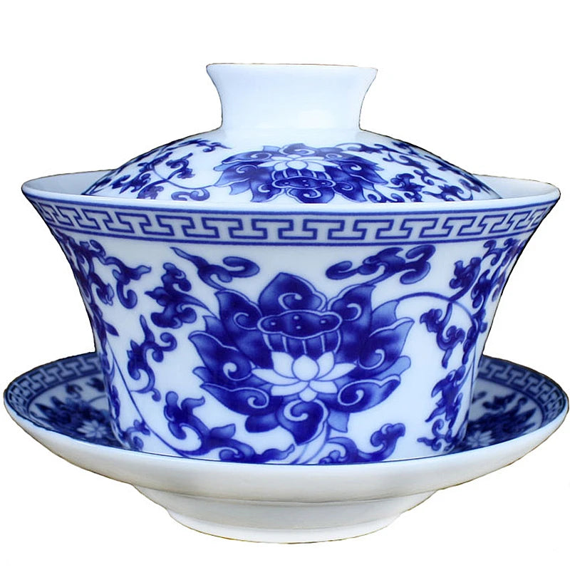 Single Teacup Tea Set, Large Cover Bowl, Kung Fu, Dehua Ceramics, Sancai White Porcelain, Blue and White Gaiwan, 320ml