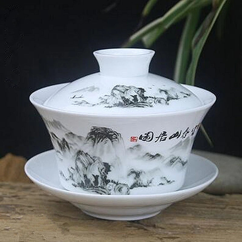 Single Teacup Tea Set, Large Cover Bowl, Kung Fu, Dehua Ceramics, Sancai White Porcelain, Blue and White Gaiwan, 320ml