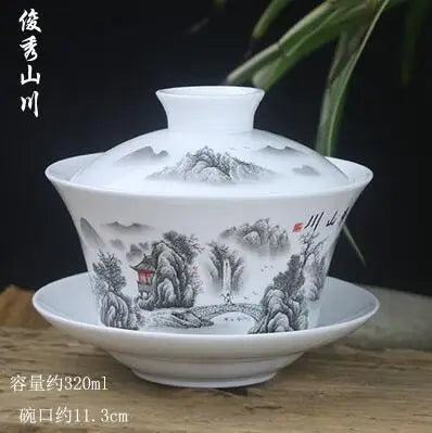 Single Teacup Tea Set, Large Cover Bowl, Kung Fu, Dehua Ceramics, Sancai White Porcelain, Blue and White Gaiwan, 320ml