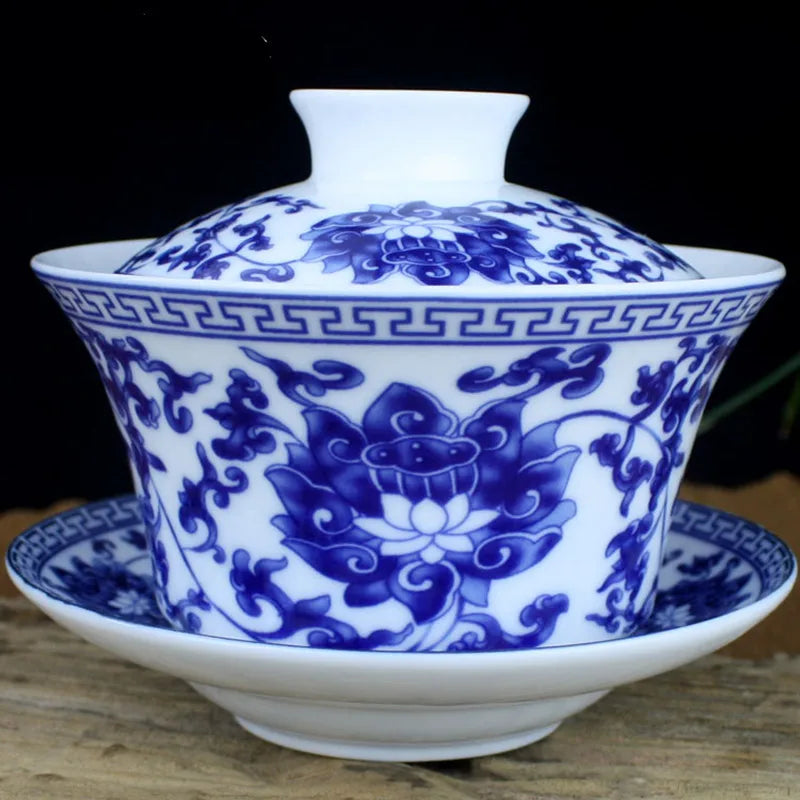 Single Teacup Tea Set, Large Cover Bowl, Kung Fu, Dehua Ceramics, Sancai White Porcelain, Blue and White Gaiwan, 320ml