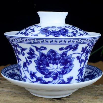 Single Teacup Tea Set, Large Cover Bowl, Kung Fu, Dehua Ceramics, Sancai White Porcelain, Blue and White Gaiwan, 320ml
