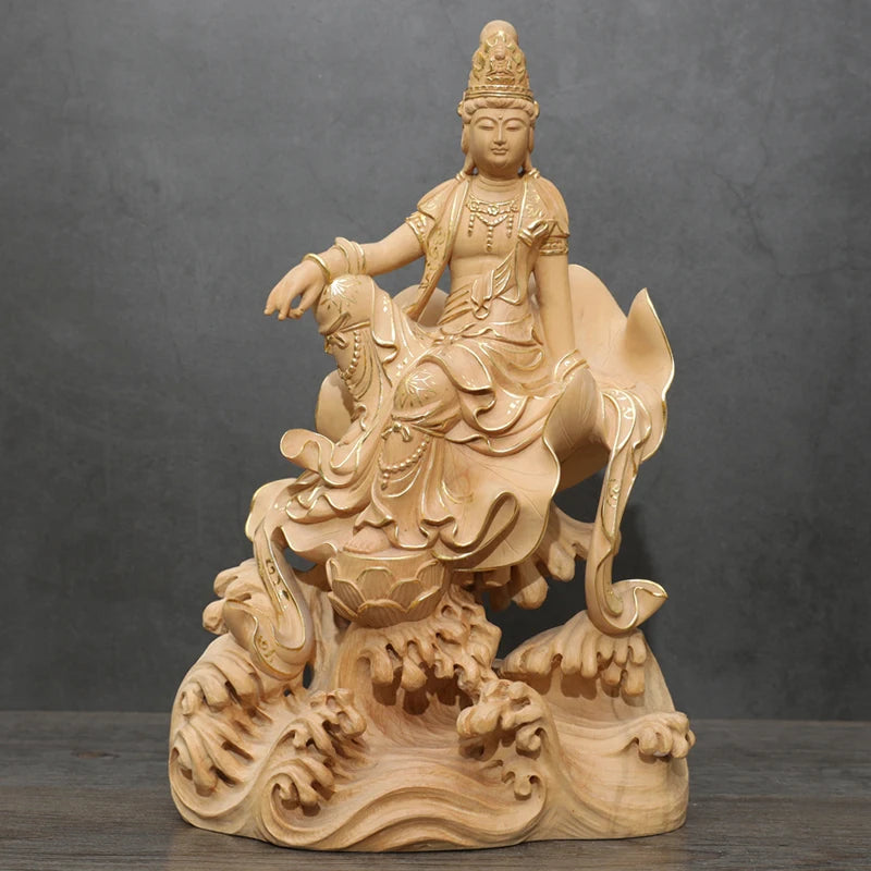 Sitting Buddha Guanyin Bodhisattva Statue Ornaments Gold Sitting Lotus Guanyin Worship Peaceful Boxwood Sculpture Home Decor