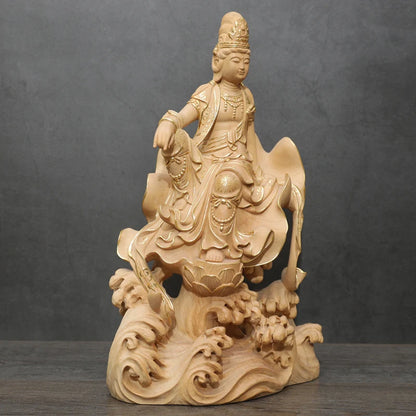 Sitting Buddha Guanyin Bodhisattva Statue Ornaments Gold Sitting Lotus Guanyin Worship Peaceful Boxwood Sculpture Home Decor