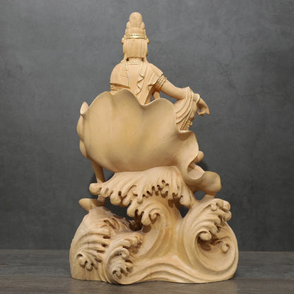 Sitting Buddha Guanyin Bodhisattva Statue Ornaments Gold Sitting Lotus Guanyin Worship Peaceful Boxwood Sculpture Home Decor