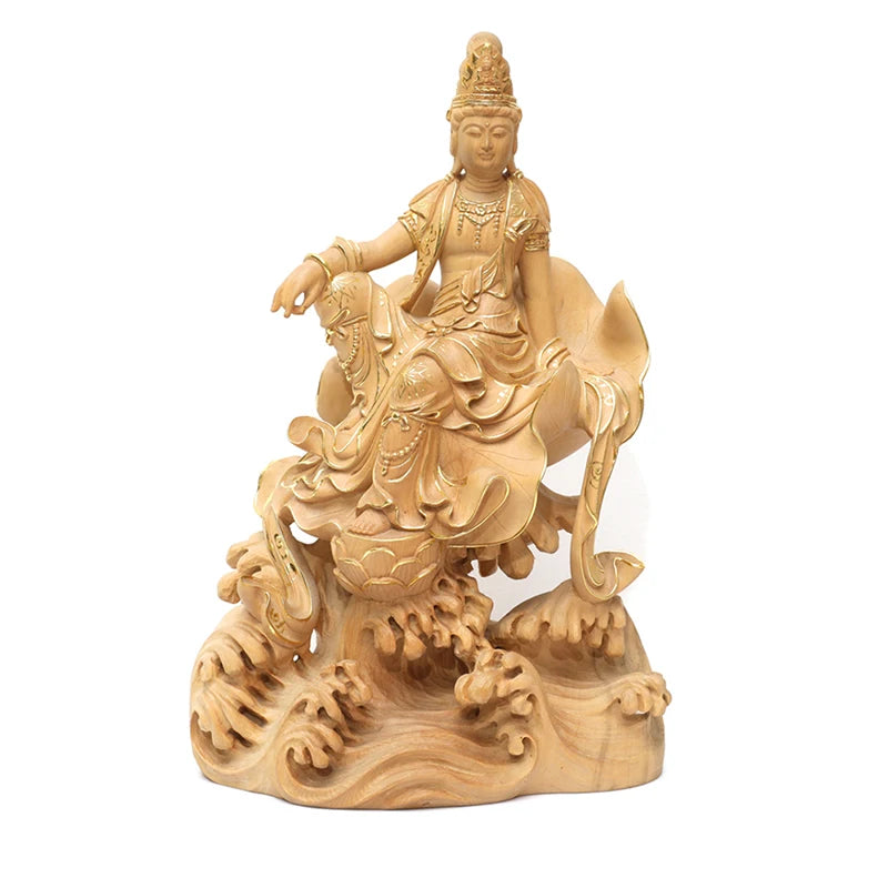 Sitting Buddha Guanyin Bodhisattva Statue Ornaments Gold Sitting Lotus Guanyin Worship Peaceful Boxwood Sculpture Home Decor