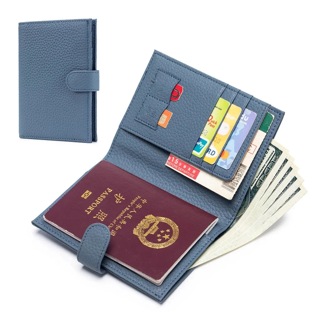 Slim RFID Blocking Leather Holder Travel Bifold Wallet for Men and Women Coin Purse Passport Cover with Snap Closure