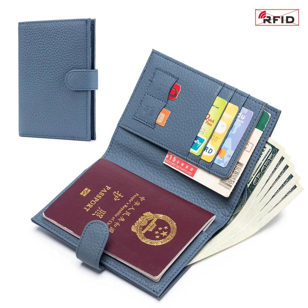 Slim RFID Blocking Leather Holder Travel Bifold Wallet for Men and Women Coin Purse Passport Cover with Snap Closure