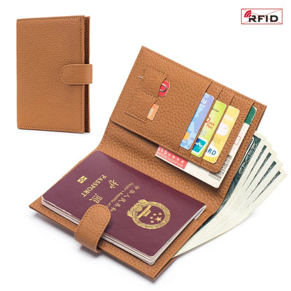 Slim RFID Blocking Leather Holder Travel Bifold Wallet for Men and Women Coin Purse Passport Cover with Snap Closure