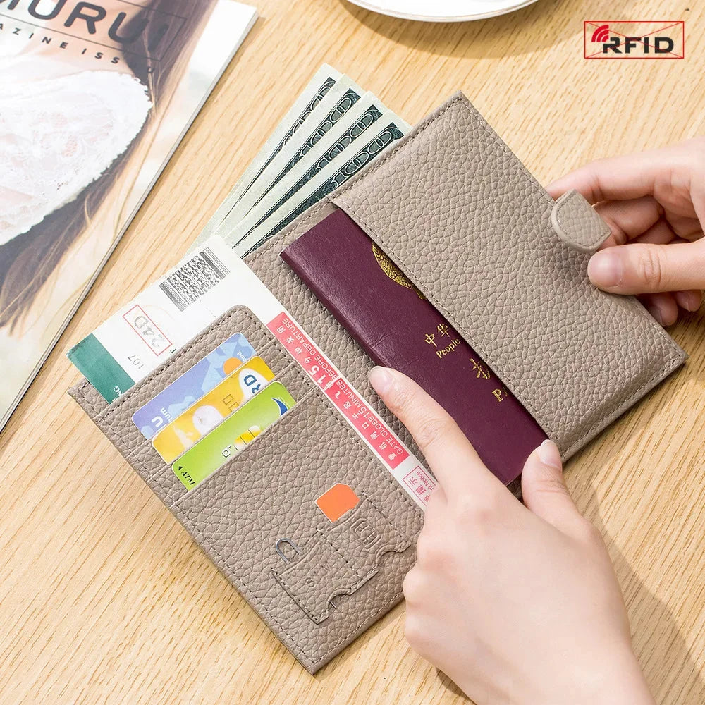 Slim RFID Blocking Leather Holder Travel Bifold Wallet for Men and Women Coin Purse Passport Cover with Snap Closure