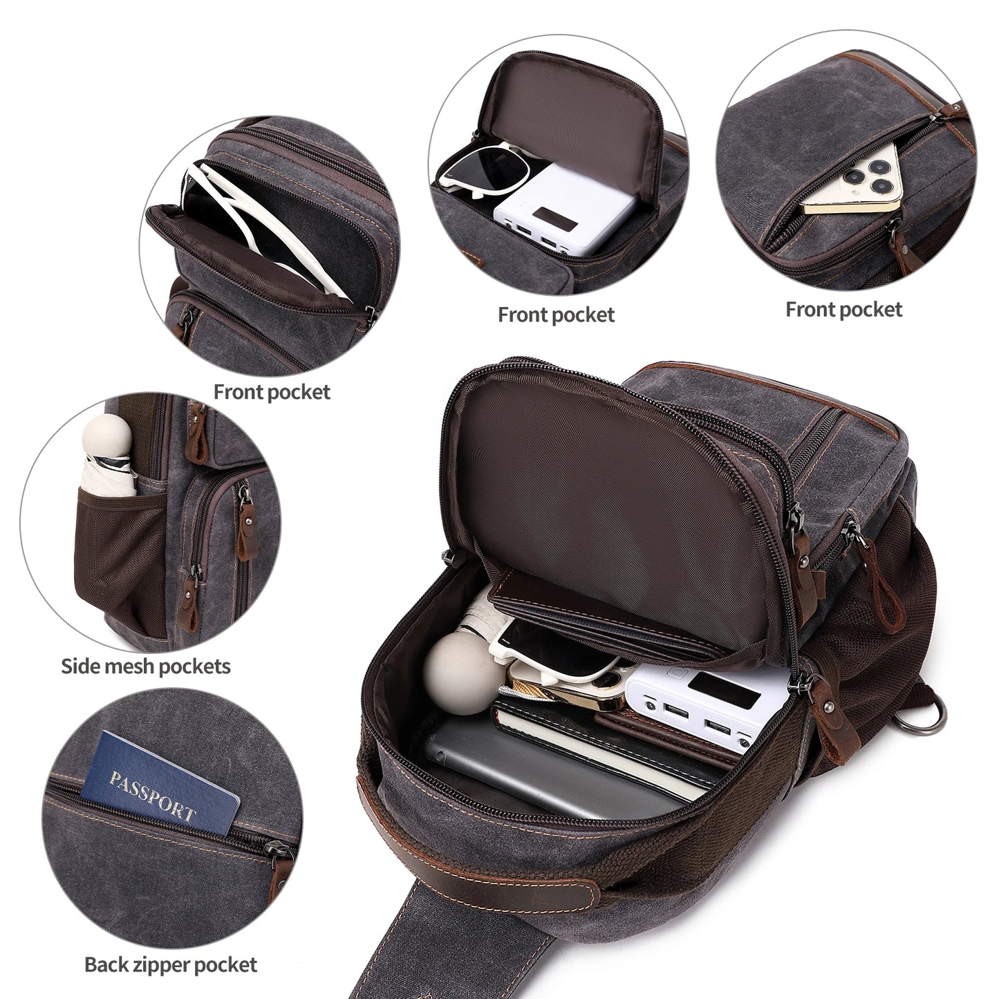 Sling Bag for Men, Waterproof Waxed Canvas Crossbody Bag Chest Bag Casual Daypack shoulder bag Sling Backpack
