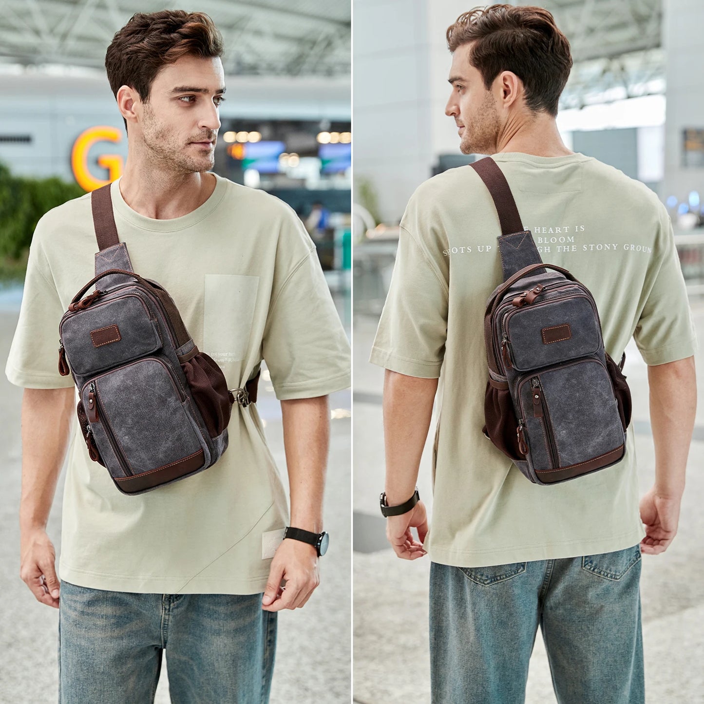 Sling Bag for Men, Waterproof Waxed Canvas Crossbody Bag Chest Bag Casual Daypack shoulder bag Sling Backpack