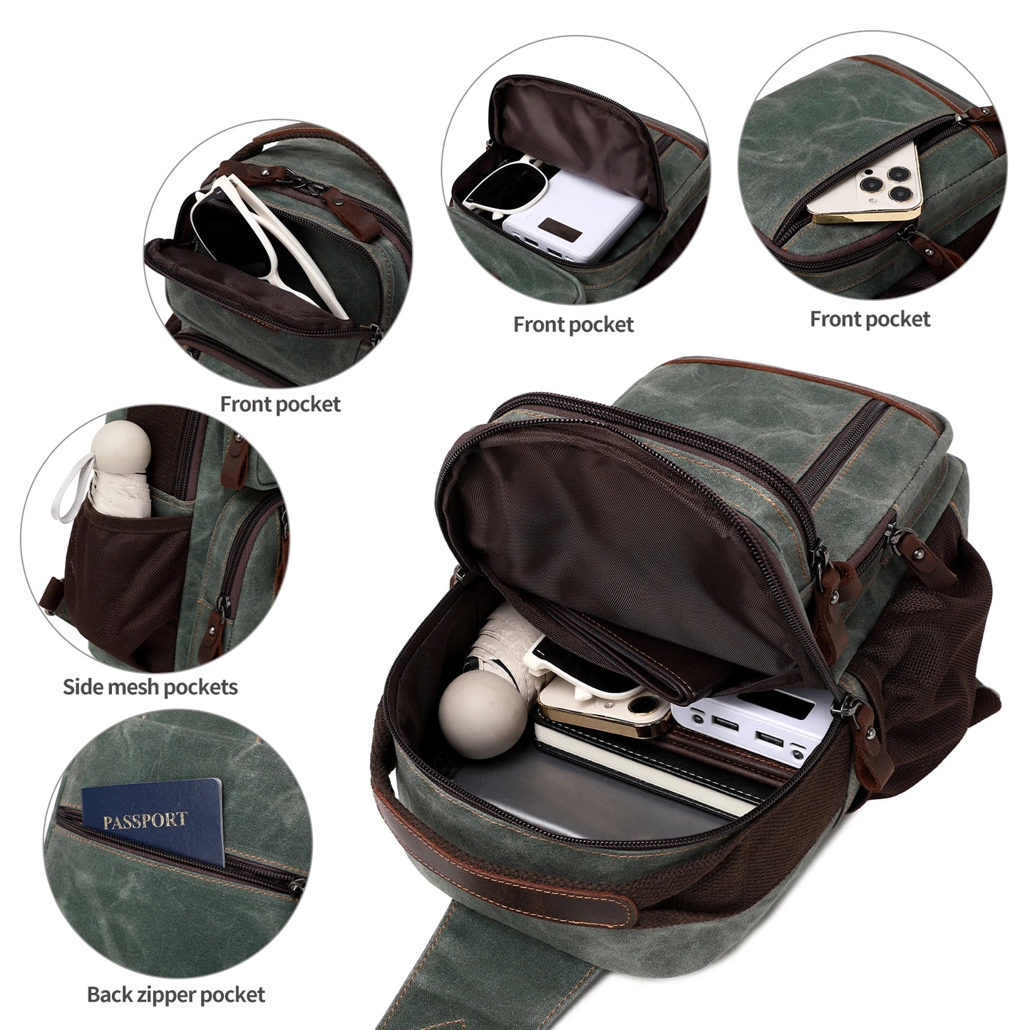 Sling Bag for Men, Waterproof Waxed Canvas Crossbody Bag Chest Bag Casual Daypack shoulder bag Sling Backpack