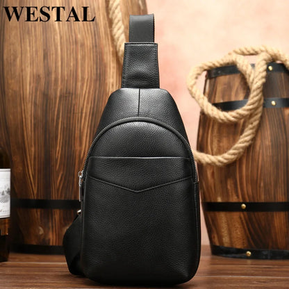 Sling Men's Side s Casual Sport Pack Genuine Leather Shoulder s Black Travel Chest Bag 1808
