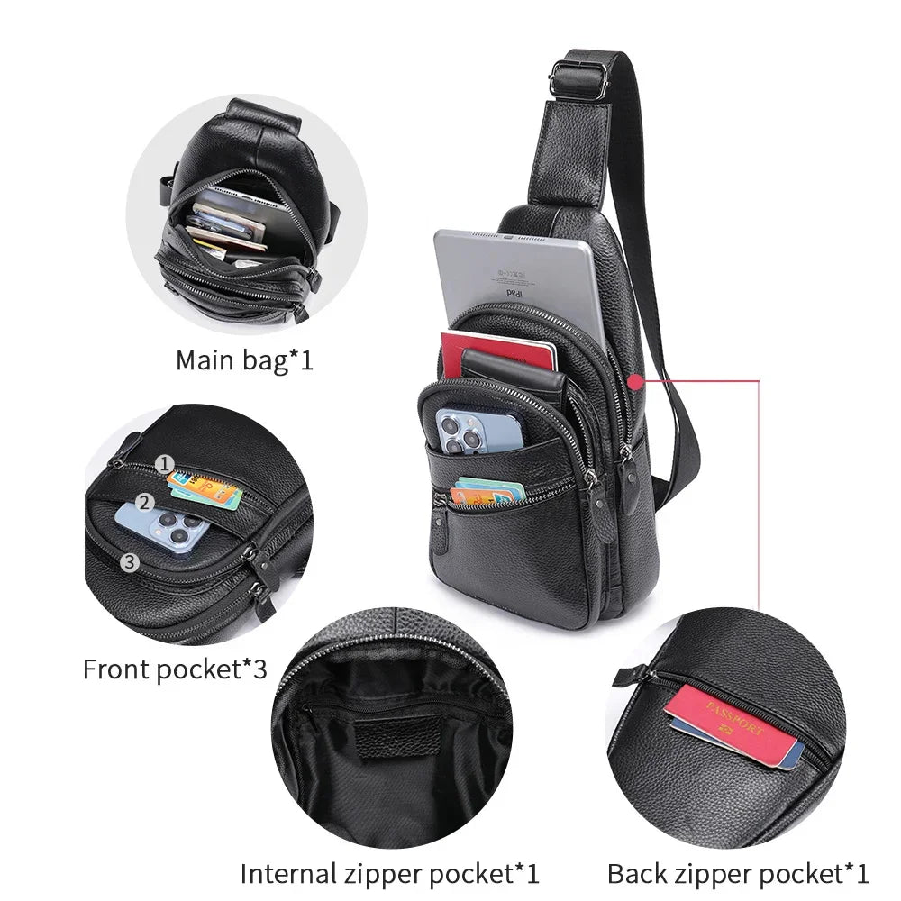Sling Men's Side s Casual Sport Pack Genuine Leather Shoulder s Black Travel Chest Bag 1808