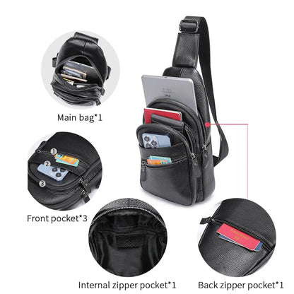 Sling Men's Side s Casual Sport Pack Genuine Leather Shoulder s Black Travel Chest Bag 1808