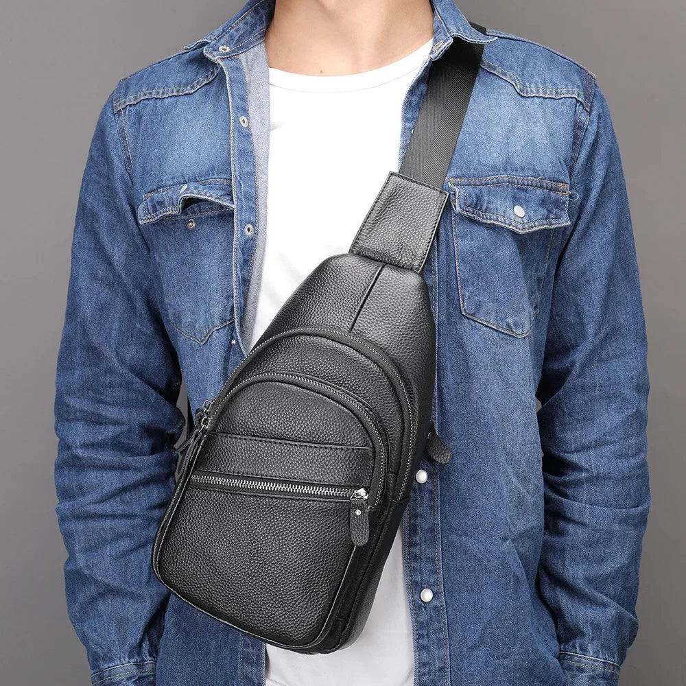 Sling Men's Side s Casual Sport Pack Genuine Leather Shoulder s Black Travel Chest Bag 1808