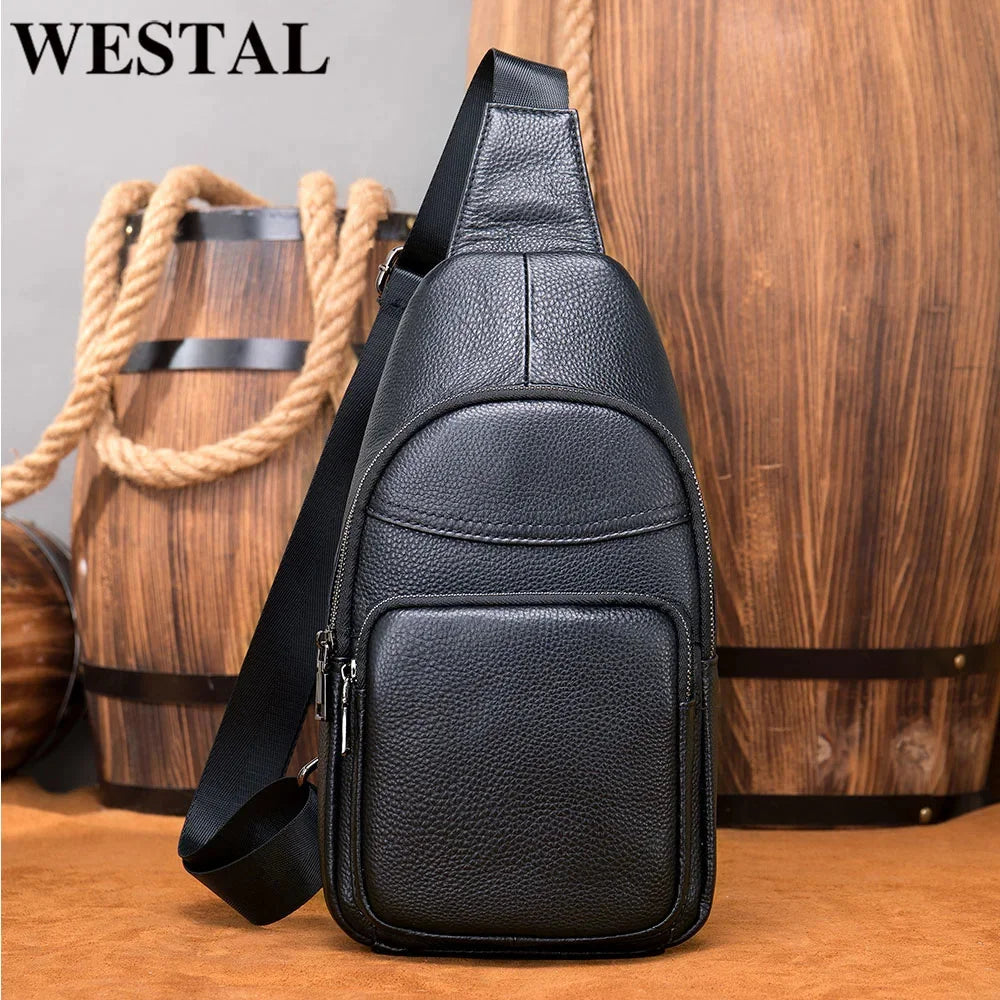 Sling Men's Side s Casual Sport Pack Genuine Leather Shoulder s Black Travel Chest Bag 1808