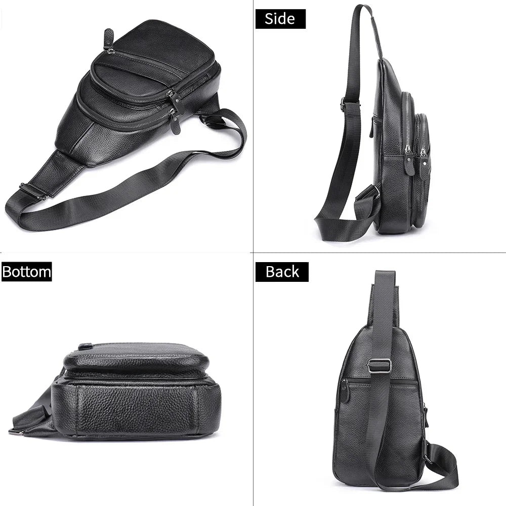 Sling Men's Side s Casual Sport Pack Genuine Leather Shoulder s Black Travel Chest Bag 1808