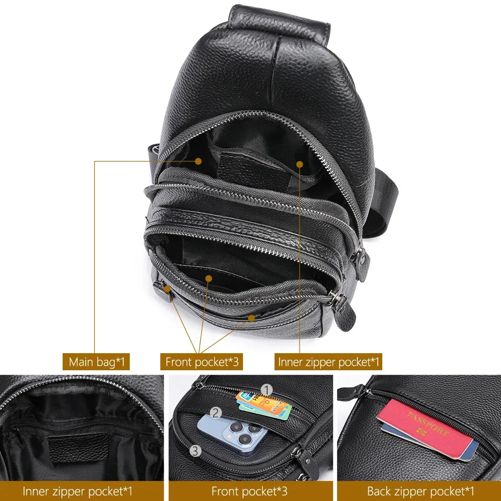 Sling Men's Side s Casual Sport Pack Genuine Leather Shoulder s Black Travel Chest Bag 1808