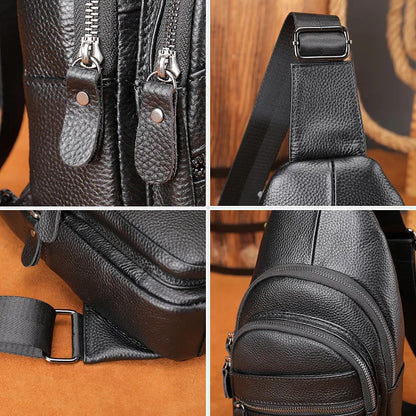 Sling Men's Side s Casual Sport Pack Genuine Leather Shoulder s Black Travel Chest Bag 1808
