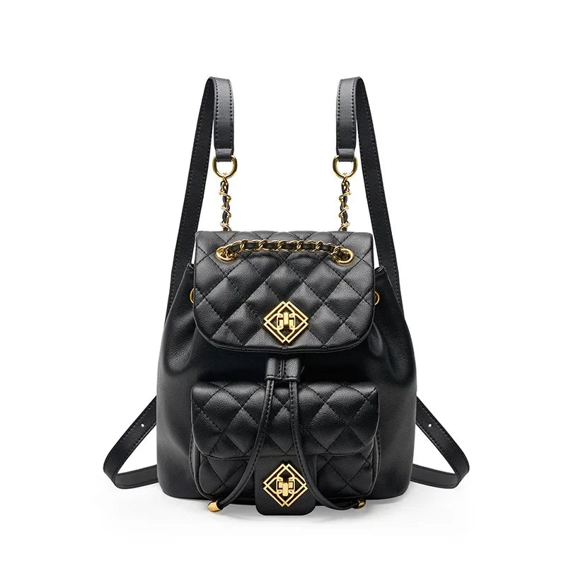 Small Genuine Leather Backpacks Women Diamond Quilted Cowhide Daypacks Shoulders Bags Flower Lock Chain Drawstring Backpack 2024