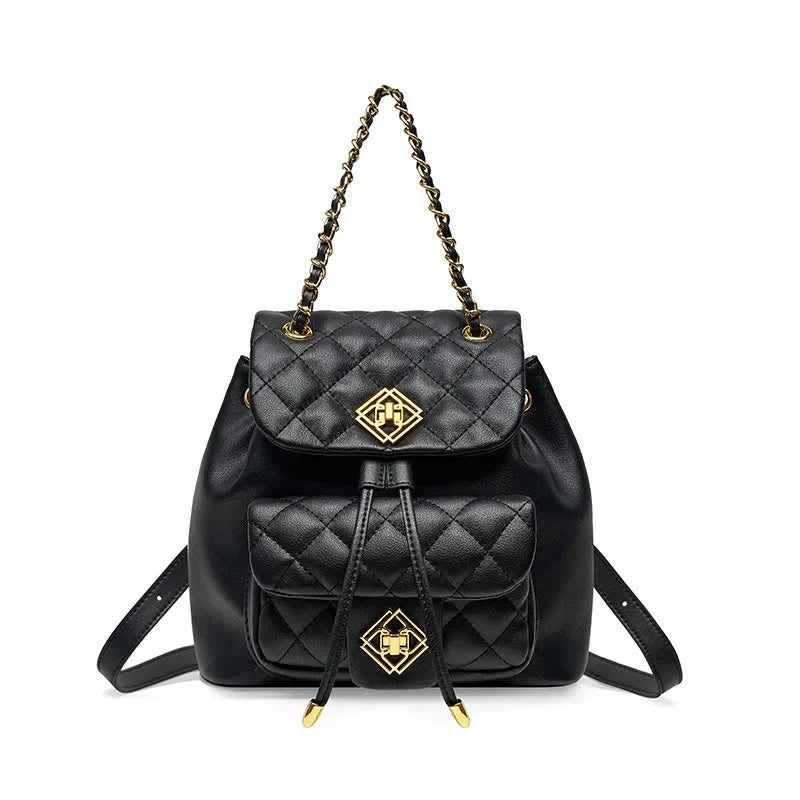 Small Genuine Leather Backpacks Women Diamond Quilted Cowhide Daypacks Shoulders Bags Flower Lock Chain Drawstring Backpack 2024