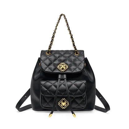 Small Genuine Leather Backpacks Women Diamond Quilted Cowhide Daypacks Shoulders Bags Flower Lock Chain Drawstring Backpack 2024