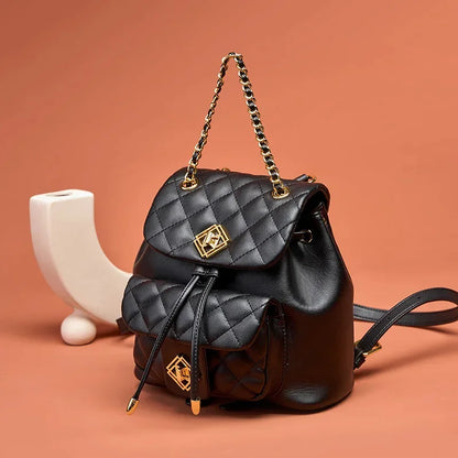 Small Genuine Leather Backpacks Women Diamond Quilted Cowhide Daypacks Shoulders Bags Flower Lock Chain Drawstring Backpack 2024