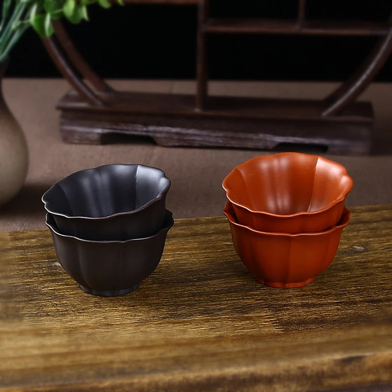 Small Lotus Tea Cup Set, Yixing Zisha Tea Cup, Kungfu Tea Set, Ceramic Master Cup, Single Teacup, Black, Red, 3Pcs Pack