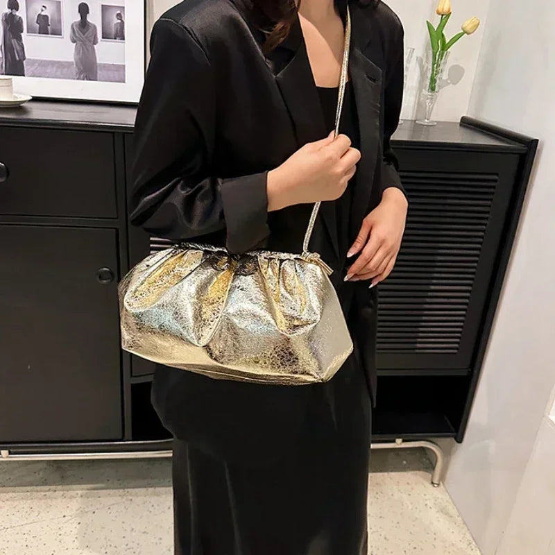 Small Luxury Design Women's Leather Silver Cloud Bag Female Gold Crossbody Bag Ladies Party Clutch Purse Female Handbags