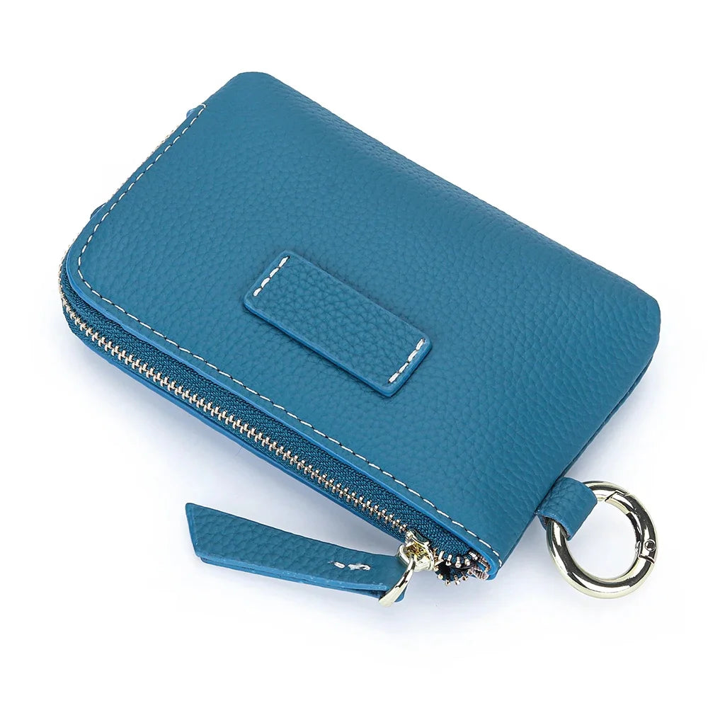 Small Pouch Genuine Leather Change Coin Purse Holder for with Keychain Ring Zipper Women's Wallet