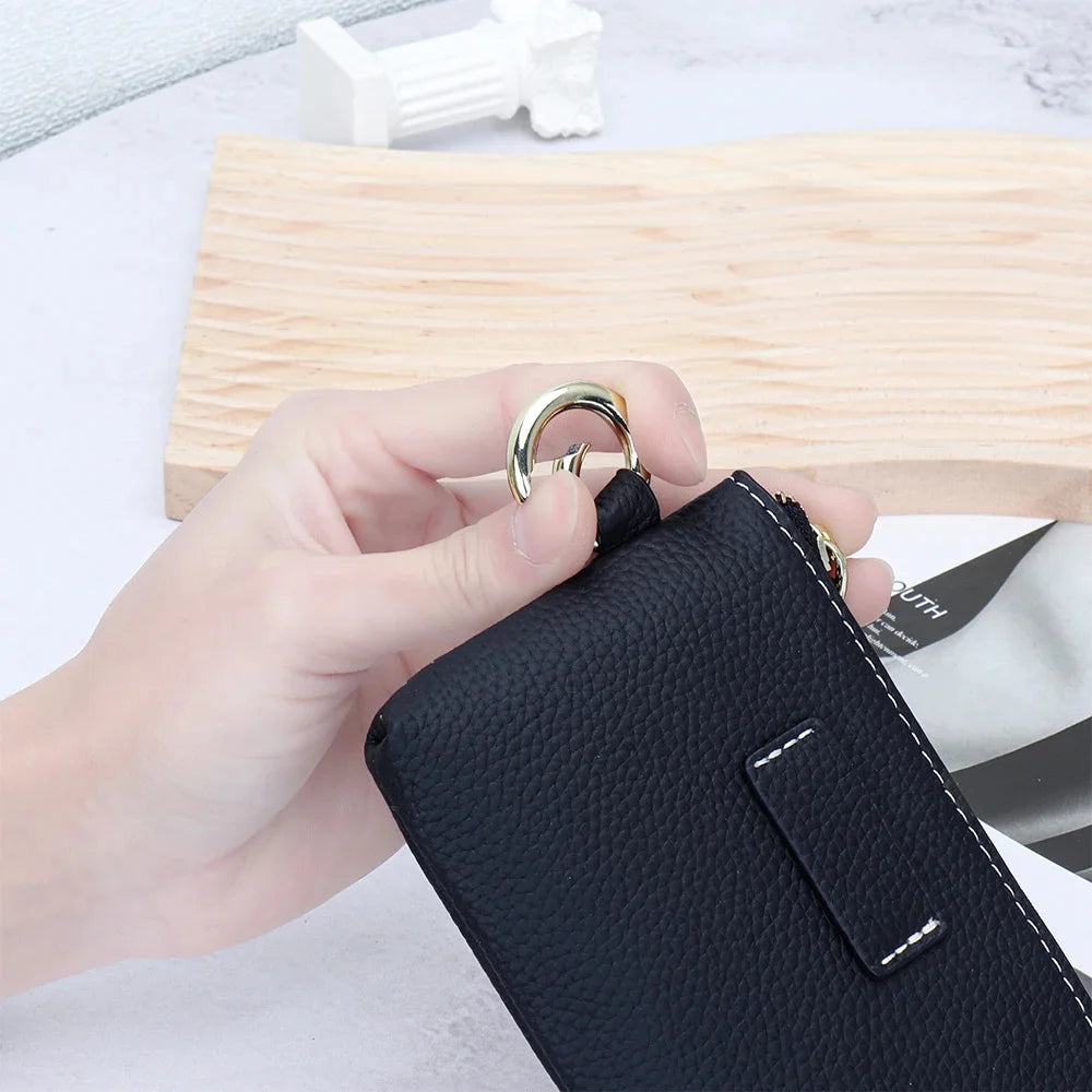 Small Pouch Genuine Leather Change Coin Purse Holder for with Keychain Ring Zipper Women's Wallet