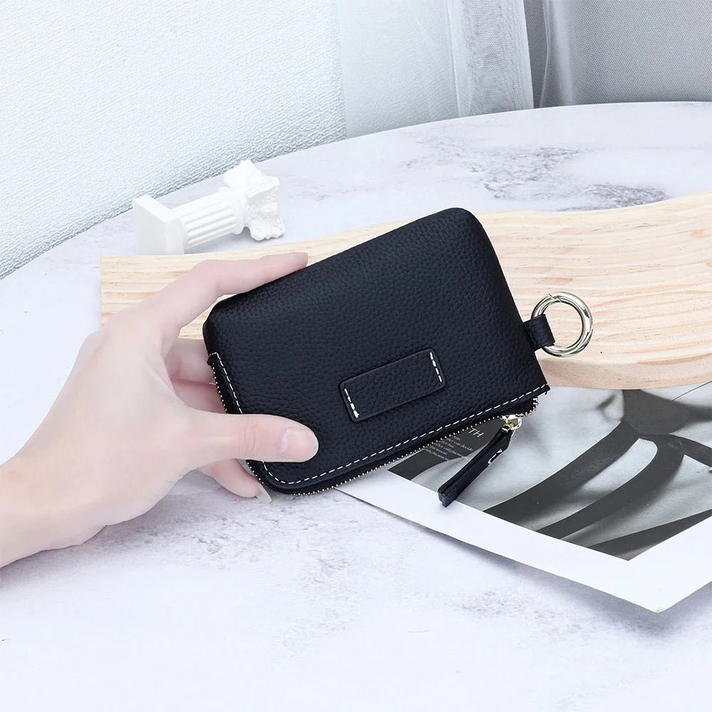 Small Pouch Genuine Leather Change Coin Purse Holder for with Keychain Ring Zipper Women's Wallet