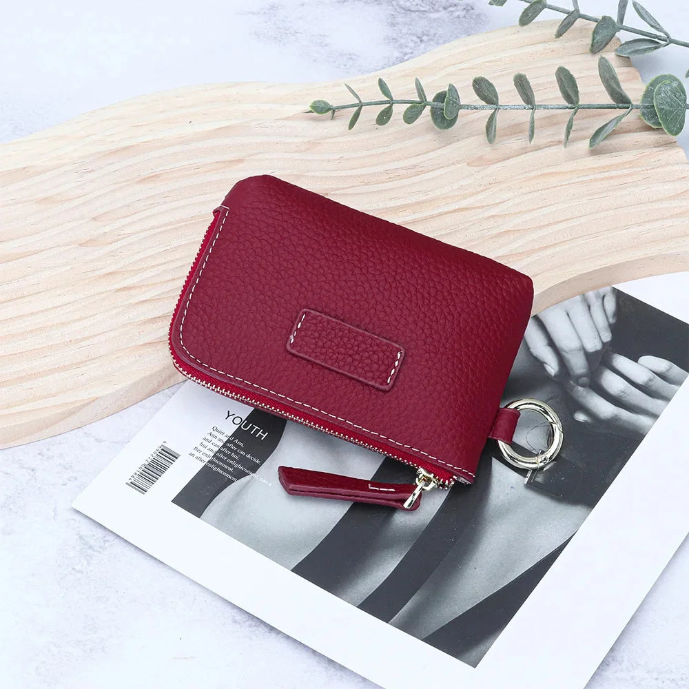 Small Pouch Genuine Leather Change Coin Purse Holder for with Keychain Ring Zipper Women's Wallet