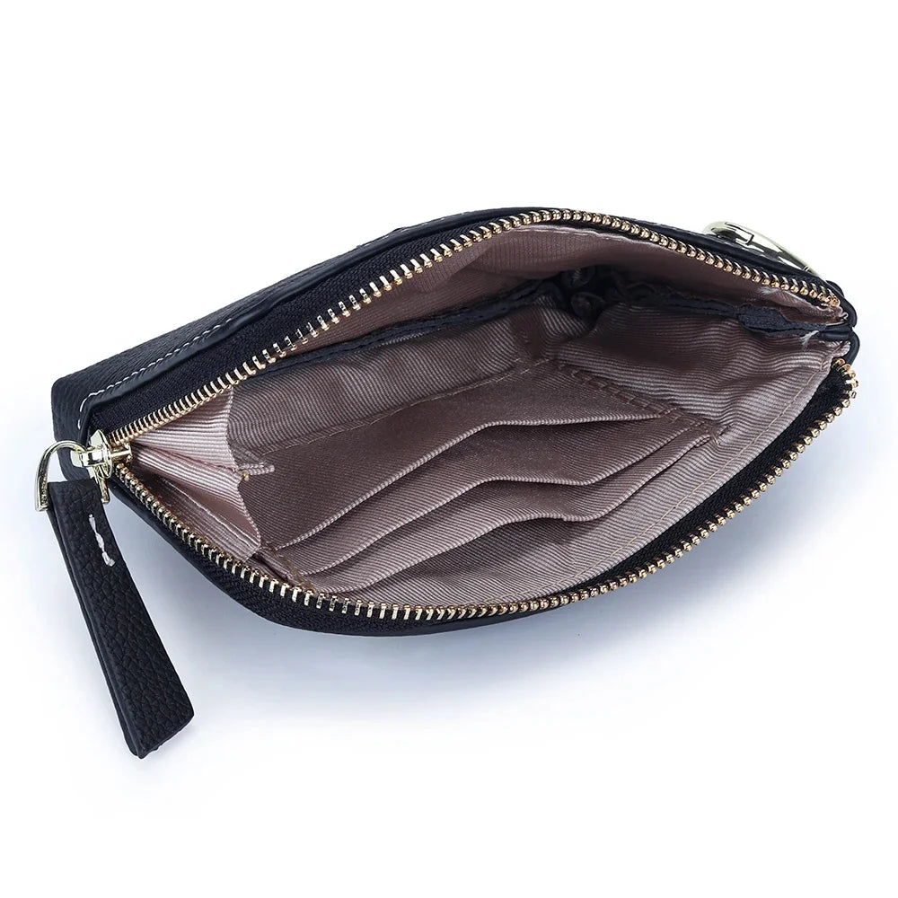 Small Pouch Genuine Leather Change Coin Purse Holder for with Keychain Ring Zipper Women's Wallet