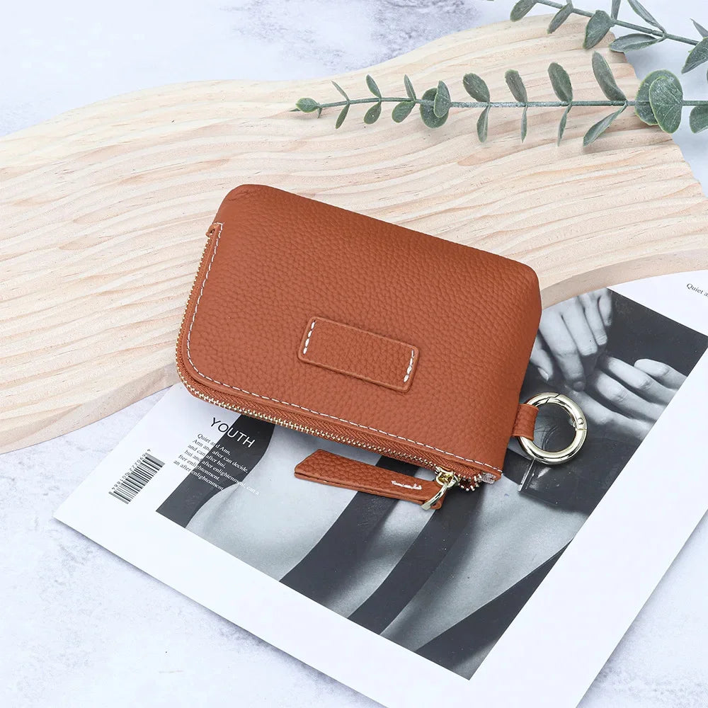 Small Pouch Genuine Leather Change Coin Purse Holder for with Keychain Ring Zipper Women's Wallet
