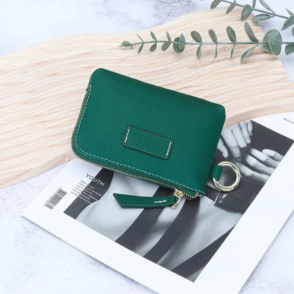 Small Pouch Genuine Leather Change Coin Purse Holder for with Keychain Ring Zipper Women's Wallet