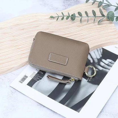 Small Pouch Genuine Leather Change Coin Purse Holder for with Keychain Ring Zipper Women's Wallet