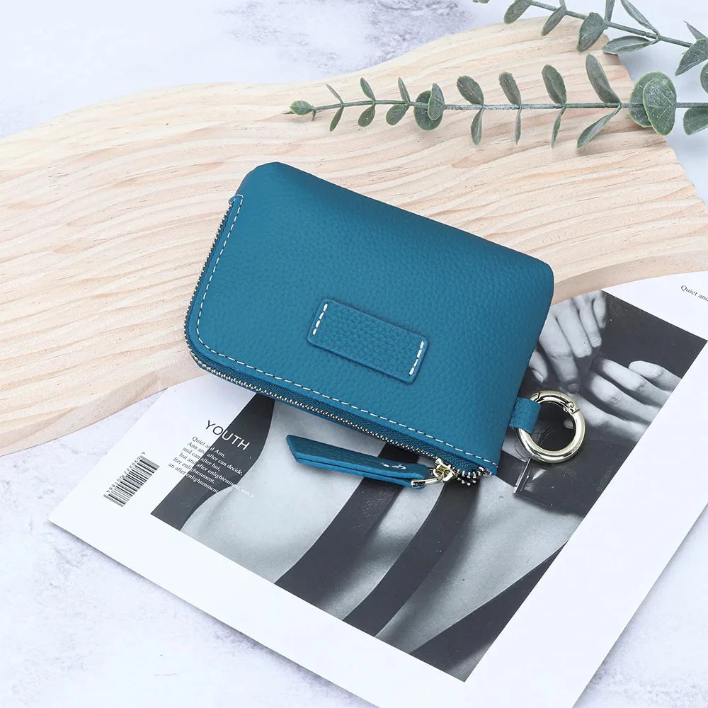 Small Pouch Genuine Leather Change Coin Purse Holder for with Keychain Ring Zipper Women's Wallet