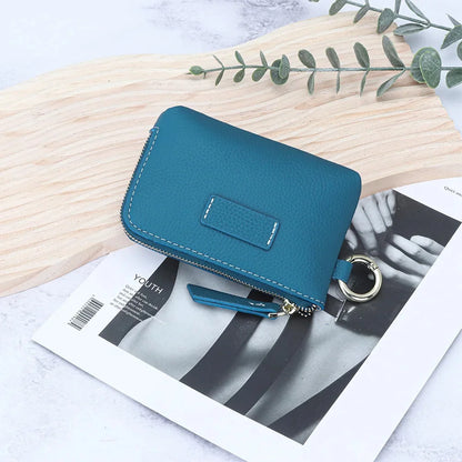 Small Pouch Genuine Leather Change Coin Purse Holder for with Keychain Ring Zipper Women's Wallet
