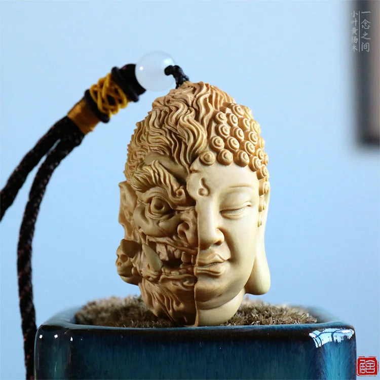 Small leaf boxwood carving craft Wenplay hand  piece solid wood plate  play pendant gift wooden Buddha  between a thought