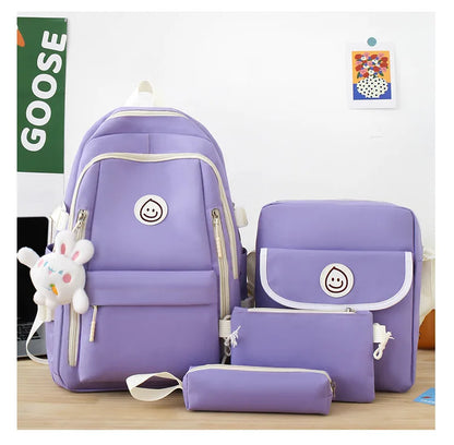 Smiling face printing 4 Pcs Sets Children's School Backpack Kawaii Women's Backpack Bookbag School Bags for Teens Girls Mochilas