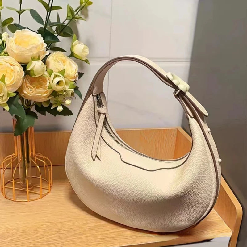 Soft Cow Leather Half Moon Bag Women Fresh Sweet Solid Handbags Female Large Capacity Commuter Purses Clutch 2024 New Bolsos