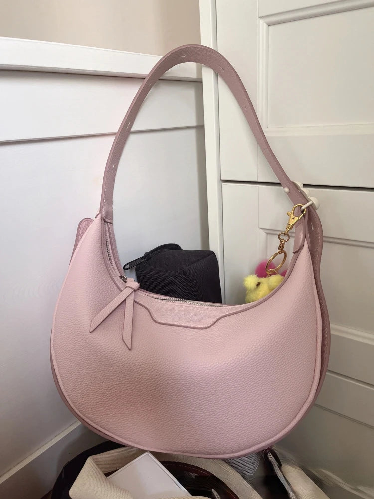 Soft Cow Leather Half Moon Bag Women Fresh Sweet Solid Handbags Female Large Capacity Commuter Purses Clutch 2024 New Bolsos