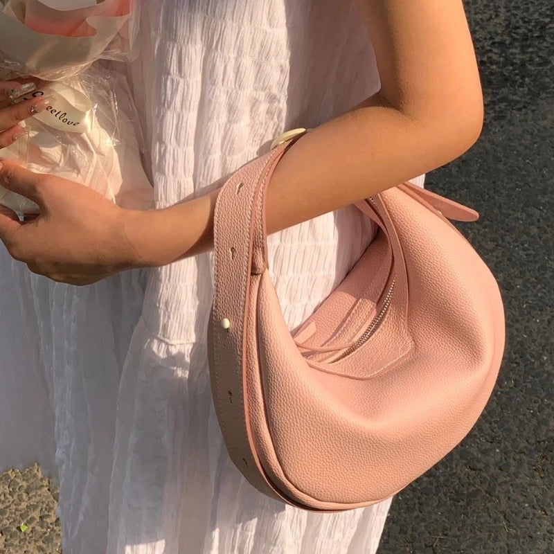 Soft Cow Leather Half Moon Bag Women Fresh Sweet Solid Handbags Female Large Capacity Commuter Purses Clutch 2024 New Bolsos