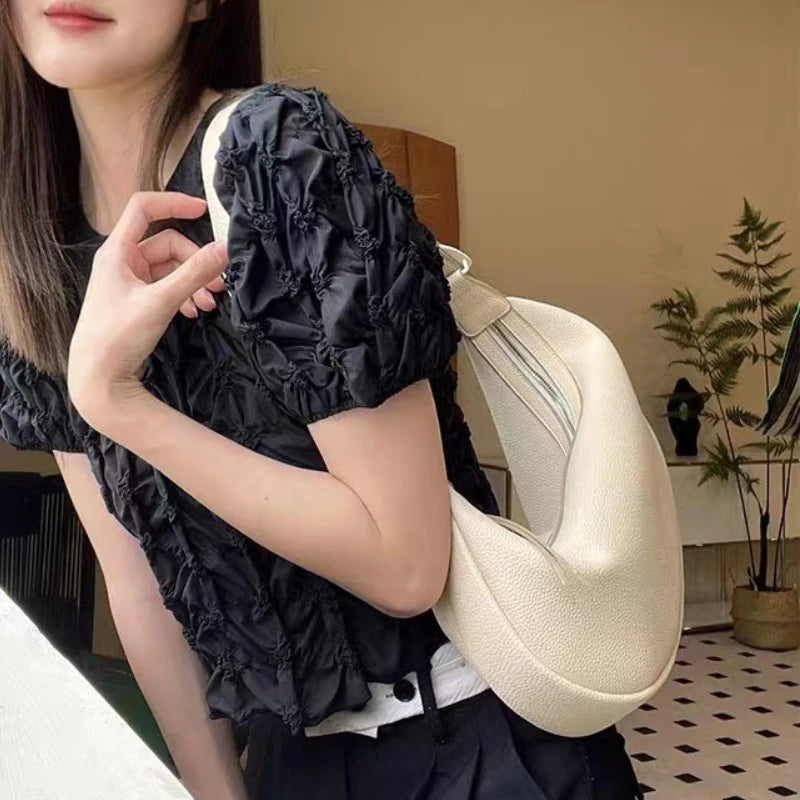 Soft Cow Leather Half Moon Bag Women Fresh Sweet Solid Handbags Female Large Capacity Commuter Purses Clutch 2024 New Bolsos