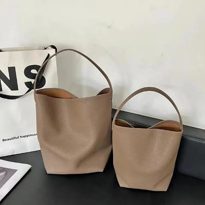 Soft Cowhdie Minimalism Women Bucket Bag Elegant French Style Lady Large Tote Bag Luxury Thick Real Leather Bag 2023