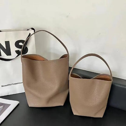 Soft Cowhdie Minimalism Women Bucket Bag Elegant French Style Lady Large Tote Bag Luxury Thick Real Leather Bag 2023