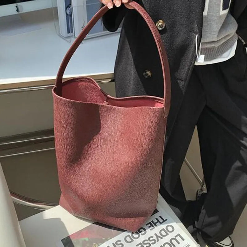 Soft Cowhdie Minimalism Women Bucket Bag Elegant French Style Lady Large Tote Bag Luxury Thick Real Leather Bag 2023