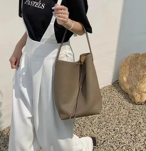 Soft Cowhdie Minimalism Women Bucket Bag Elegant French Style Lady Large Tote Bag Luxury Thick Real Leather Bag 2023